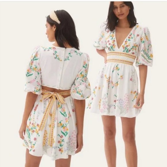 Anthropologie Deep-V Floral Embroidered Mini Dress Size 2XL White - Picture 12 of 13